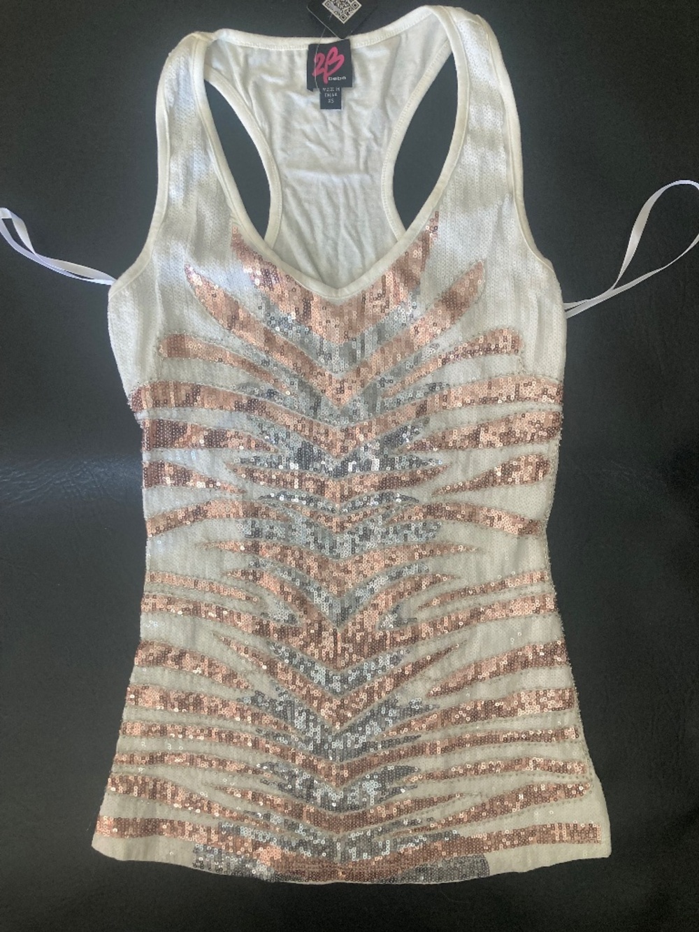 NWT Bebe 2b white silver gold sequins tank sleeveless top xs